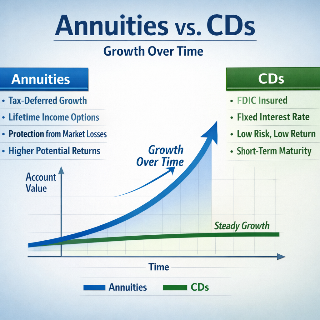 Comparison chart showing annuities with exponential growth and CDs with steady growth over time, listing features of annuities and CDs